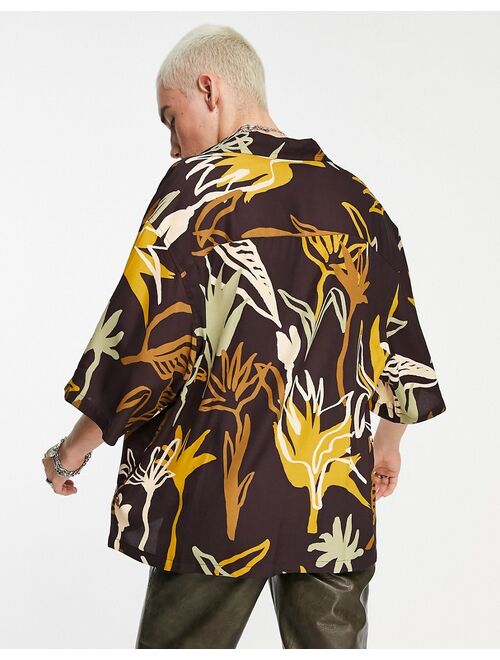 ASOS DESIGN boxy oversized shirt in brown scribble floral print