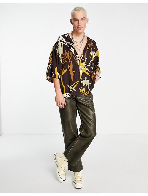 ASOS DESIGN boxy oversized shirt in brown scribble floral print