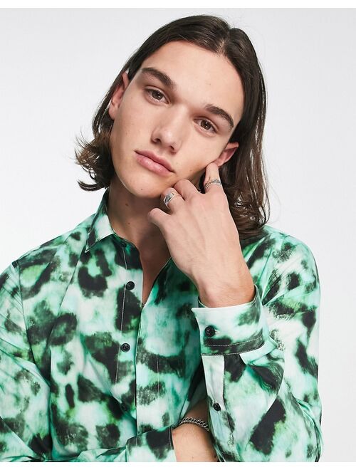 Twisted Tailor burgess shirt in neon green leopard print