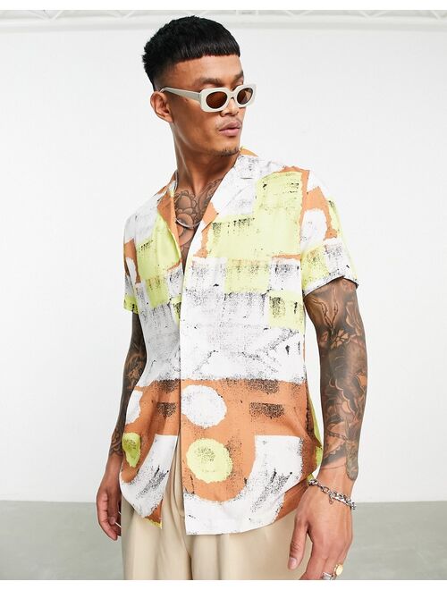 ASOS DESIGN camp collar one button shirt in beige abstract block print