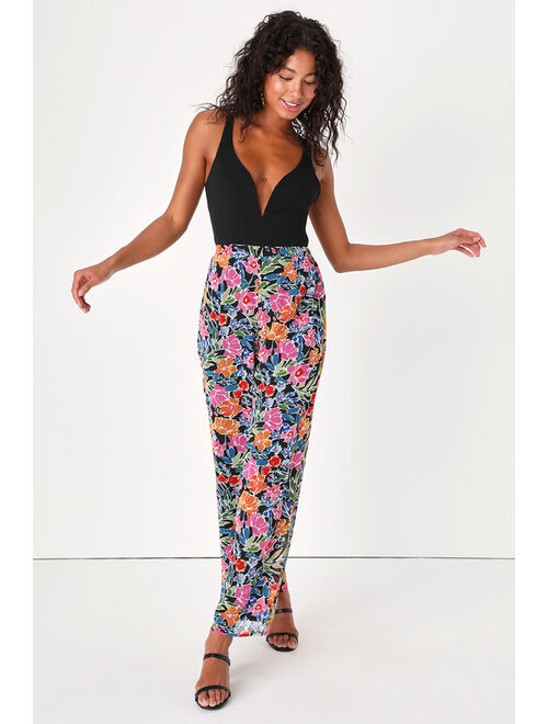 Lulus Flourishing Beauty Black Floral Print Wide-Leg Pants