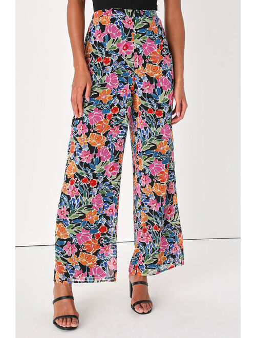 Lulus Flourishing Beauty Black Floral Print Wide-Leg Pants