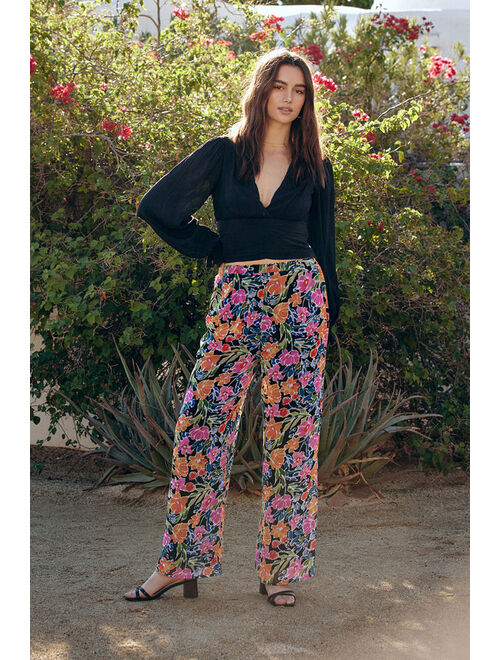 Lulus Flourishing Beauty Black Floral Print Wide-Leg Pants