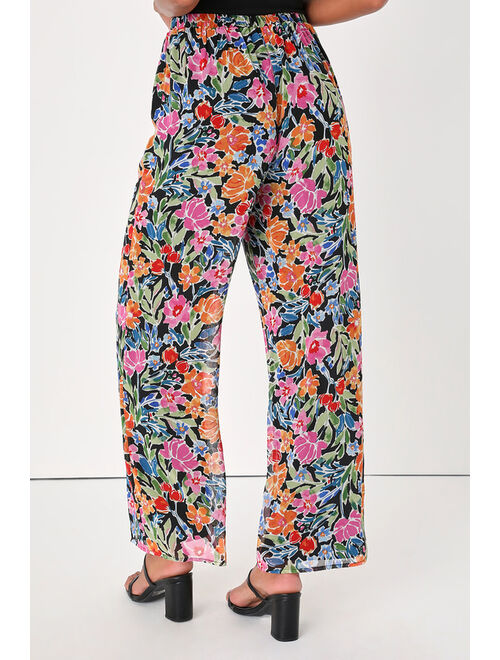 Lulus Flourishing Beauty Black Floral Print Wide-Leg Pants