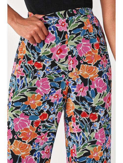 Lulus Flourishing Beauty Black Floral Print Wide-Leg Pants