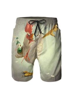 SARA NELL Men's Swim Trunks Kung Fu Cock Rooster with Beer Surfing Beach Board Shorts Swimwear