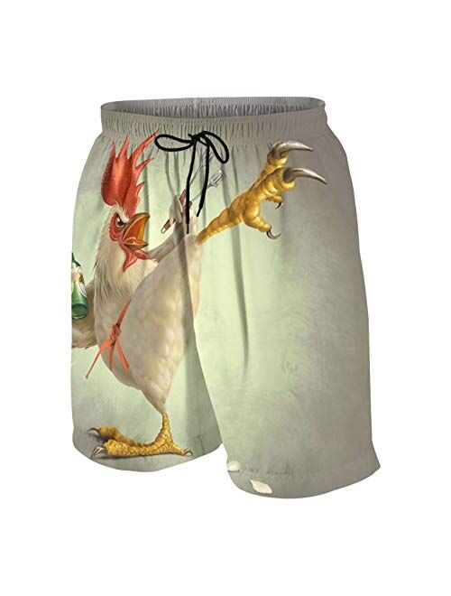 SARA NELL Men's Swim Trunks Kung Fu Cock Rooster with Beer Surfing Beach Board Shorts Swimwear