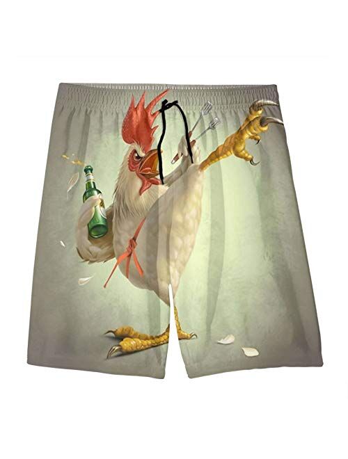 SARA NELL Men's Swim Trunks Kung Fu Cock Rooster with Beer Surfing Beach Board Shorts Swimwear