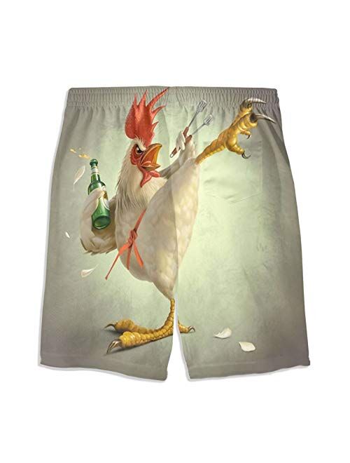 SARA NELL Men's Swim Trunks Kung Fu Cock Rooster with Beer Surfing Beach Board Shorts Swimwear