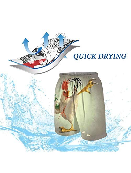 SARA NELL Men's Swim Trunks Kung Fu Cock Rooster with Beer Surfing Beach Board Shorts Swimwear