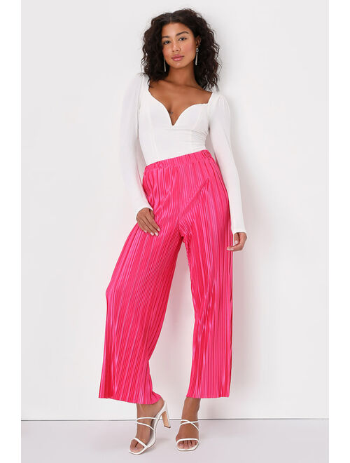 Lulus Tropical Temperatures Hot Pink Satin Plisse Wide-Leg Pants