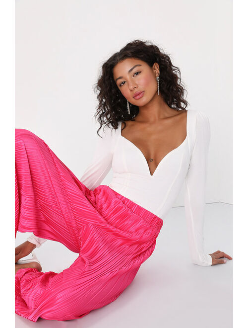 Lulus Tropical Temperatures Hot Pink Satin Plisse Wide-Leg Pants