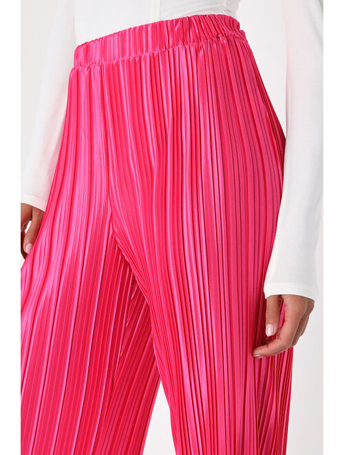 Lulus Tropical Temperatures Hot Pink Satin Plisse Wide-Leg Pants