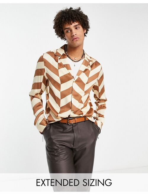 ASOS DESIGN relaxed deep revere satin shirt in brown chevron print