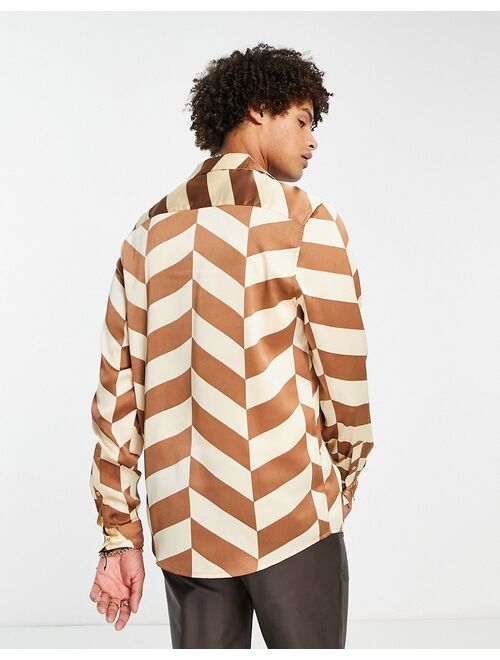 ASOS DESIGN relaxed deep revere satin shirt in brown chevron print