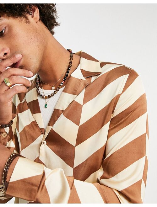 ASOS DESIGN relaxed deep revere satin shirt in brown chevron print