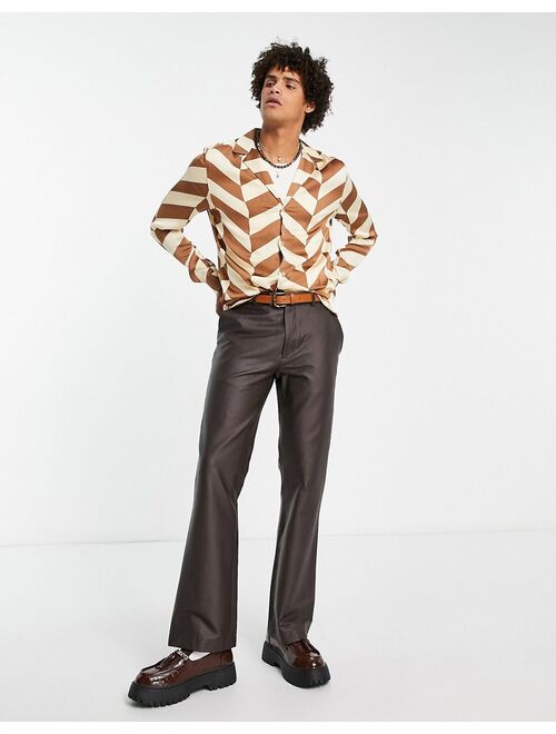 ASOS DESIGN relaxed deep revere satin shirt in brown chevron print