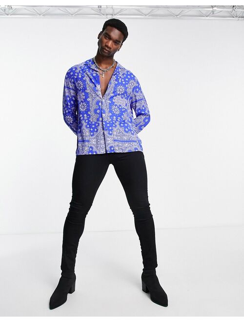 ASOS DESIGN relaxed revere shirt in bright blue paisley bandana print