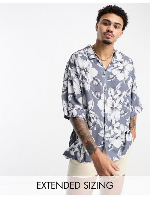 ASOS DESIGN dropped shoulder oversized revere shirt in gray vintage inspired Hawaiian print