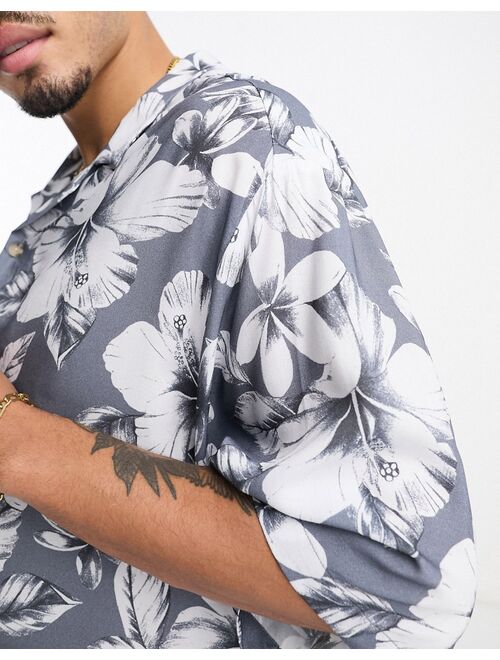 ASOS DESIGN dropped shoulder oversized revere shirt in gray vintage inspired Hawaiian print