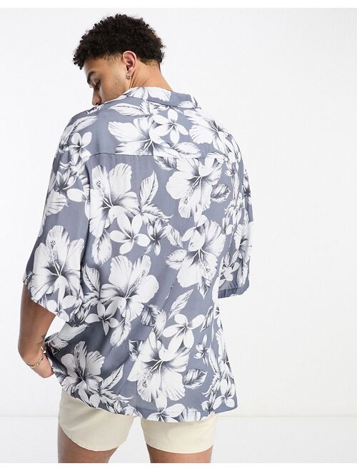 ASOS DESIGN dropped shoulder oversized revere shirt in gray vintage inspired Hawaiian print