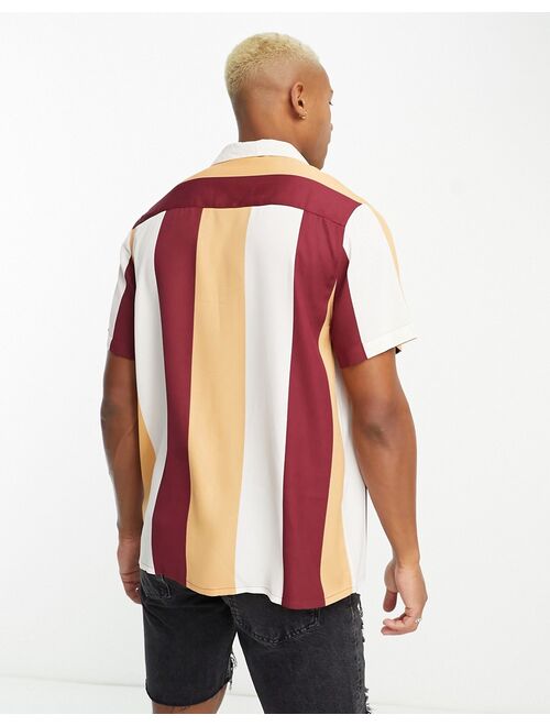 ASOS DESIGN relaxed camp collar retro stripe shirt in burgundy