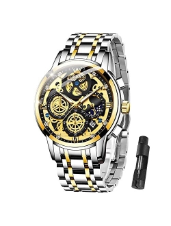 Men Wrist Watch Skeleton Stainless Steel Luxury Quartz Chronograph Waterproof Fashion Luminous Watches for Men