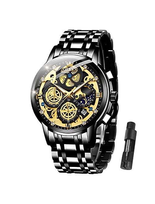 OLEVS Men Wrist Watch Skeleton Stainless Steel Luxury Quartz Chronograph Waterproof Fashion Luminous Watches for Men