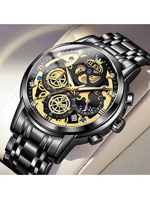 OLEVS Men Wrist Watch Skeleton Stainless Steel Luxury Quartz Chronograph Waterproof Fashion Luminous Watches for Men