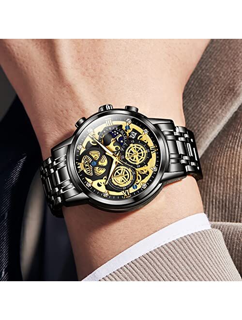 OLEVS Men Wrist Watch Skeleton Stainless Steel Luxury Quartz Chronograph Waterproof Fashion Luminous Watches for Men