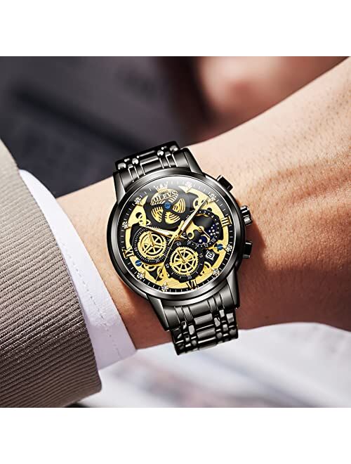 OLEVS Men Wrist Watch Skeleton Stainless Steel Luxury Quartz Chronograph Waterproof Fashion Luminous Watches for Men