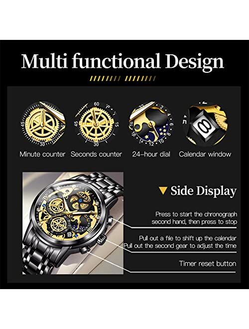 OLEVS Men Wrist Watch Skeleton Stainless Steel Luxury Quartz Chronograph Waterproof Fashion Luminous Watches for Men