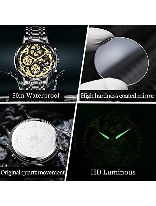 OLEVS Men Wrist Watch Skeleton Stainless Steel Luxury Quartz Chronograph Waterproof Fashion Luminous Watches for Men