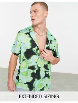 relaxed deep revere satin shirt with green orchid floral print