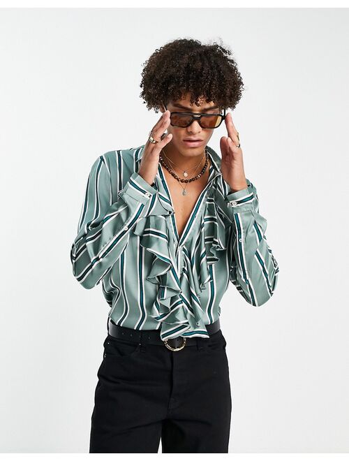 ASOS DESIGN regular satin shirt with ruffle front detail in green stripe