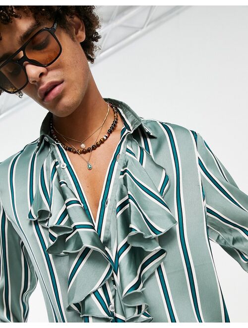 ASOS DESIGN regular satin shirt with ruffle front detail in green stripe