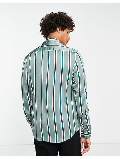 ASOS DESIGN regular satin shirt with ruffle front detail in green stripe