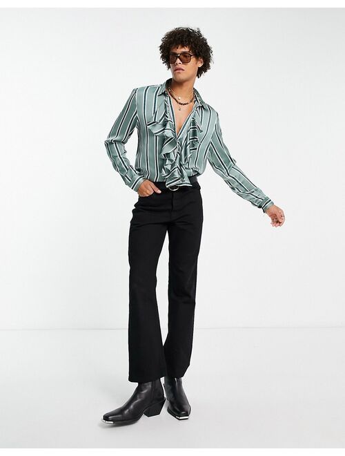 ASOS DESIGN regular satin shirt with ruffle front detail in green stripe