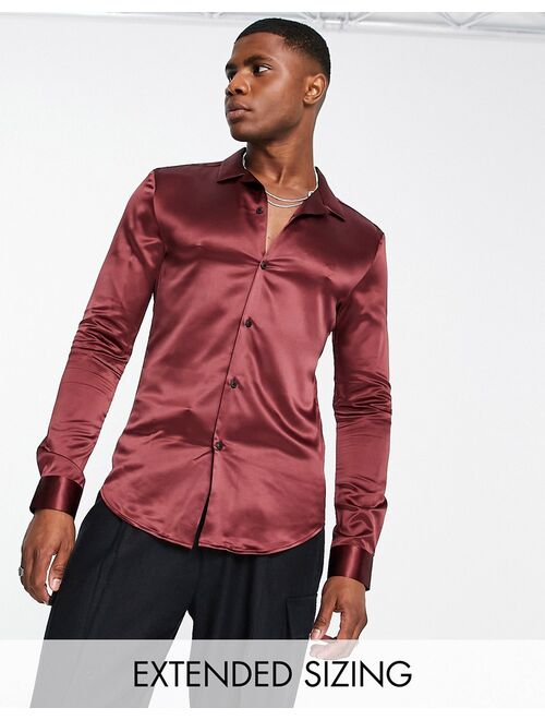 ASOS DESIGN skinny satin shirt in ox blood