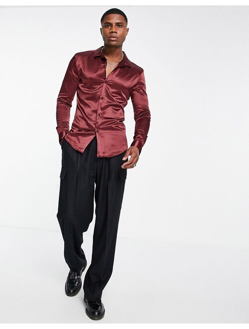 ASOS DESIGN skinny satin shirt in ox blood