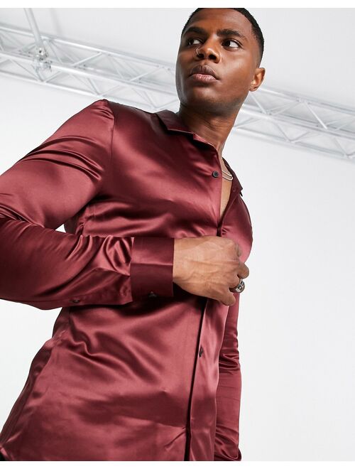 ASOS DESIGN skinny satin shirt in ox blood