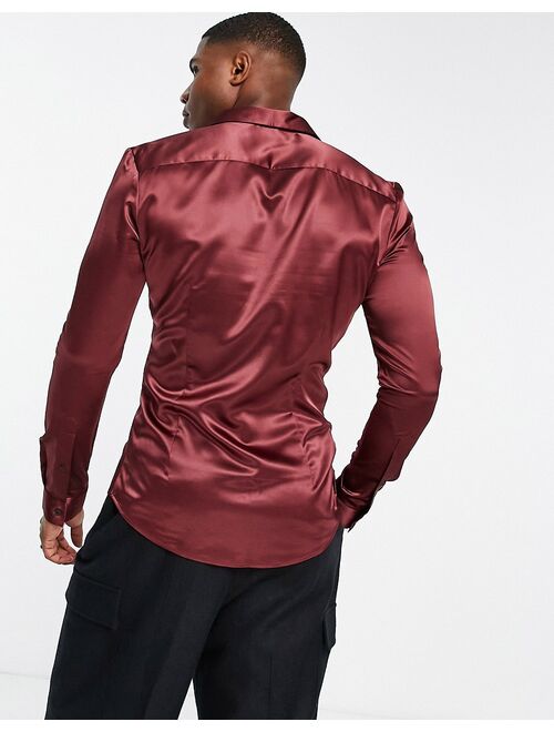 ASOS DESIGN skinny satin shirt in ox blood