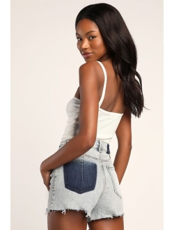 DAZE DENIM Troublemaker Light Wash Distressed High-Rise Cutoff Denim Shorts