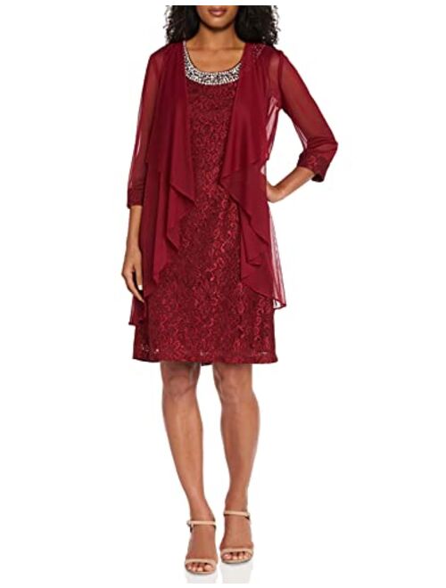 R&M Richards Women's Two Piece Fly Away Jacket Over Beaded Neck Laced Dress