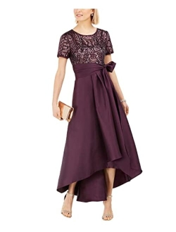 Women's Size Short Sleeve Sequin-Embellished High-Low Gown Missy & Petite