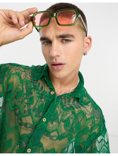 ASOS DESIGN boxy oversized shirt with embroidered aztec print in green