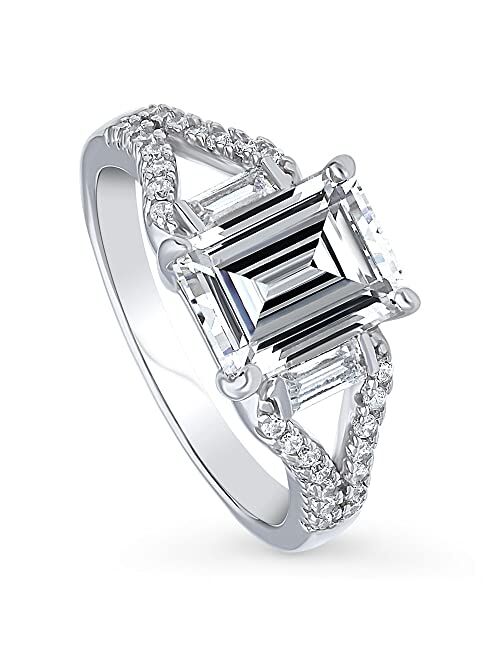 BERRICLE Sterling Silver Solitaire Wedding Engagement Rings 2.6 Carat Step Emerald Cut Cubic Zirconia CZ Split Shank Ring for Women, Rhodium Plated Size 4-10