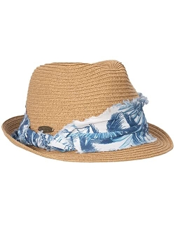 Women's Straw Fedora - Tropical Print Frayed Hat Band, Lightweight, Inner Sweatband, 1 3/4" Brim