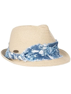 Women's Straw Fedora - Tropical Print Frayed Hat Band, Lightweight, Inner Sweatband, 1 3/4" Brim