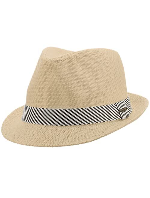 Panama Jack Women's Fedora Hat - Soft Matte Toyo Straw, Striped Cotton Hat Band, Inner Sweatband, 1 3/4" Brim